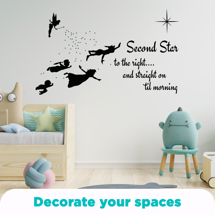 Second Star to The Right - Peter Pan Tinkerbell Wendy & Kids - Baby Girl Boy Unisex Room - Mural Wall Decal Sticker for Home Car Laptop