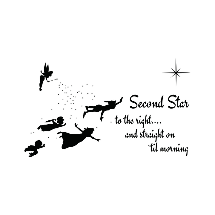 Second Star to The Right - Peter Pan Tinkerbell Wendy & Kids - Baby Girl Boy Unisex Room - Mural Wall Decal Sticker for Home Car Laptop