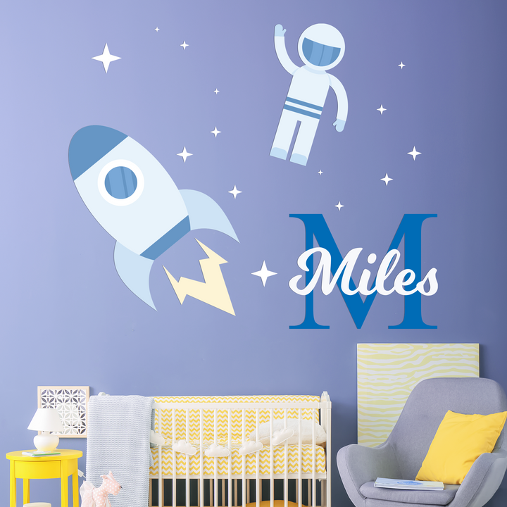 Custom Name & Initial Astronaut with Spaceship Wall Decal