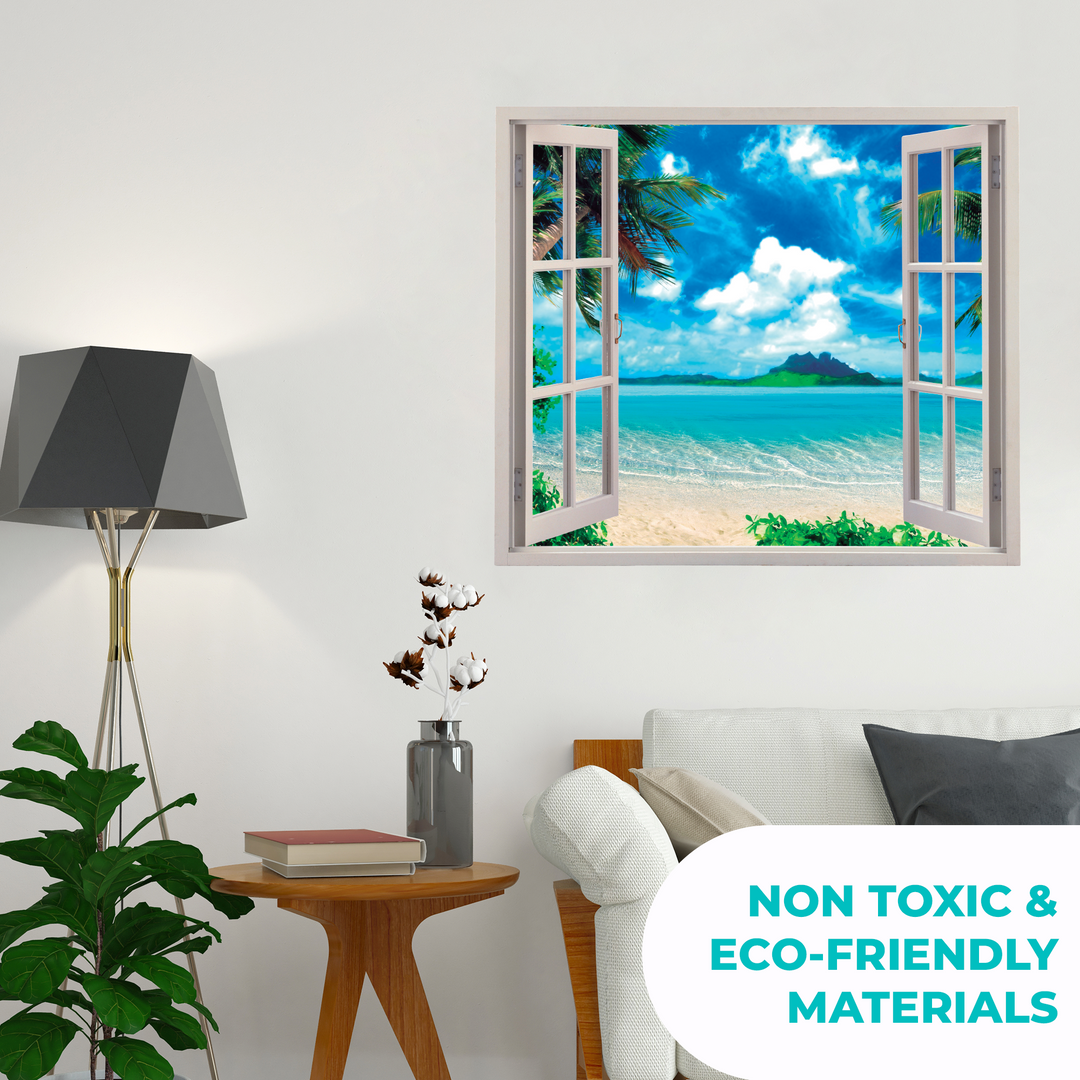 Beach Landscape and Window 3D Effect - Window Wall Effect 3D - Wall Decal for Room Boys Girls Unisex