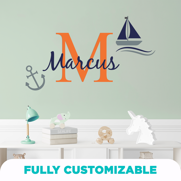 Custom Name & Initial Boat and Anchor - Nautical Theme - Baby Boy - Nursery Wall Decal for Baby ROM Decorations - Mural Wall Decal Sticker for Home Children's Bedroom (R50)