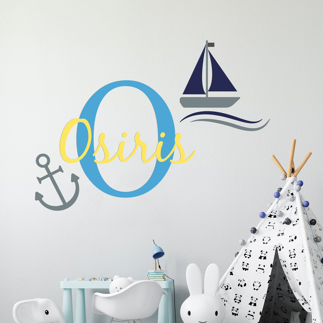 Custom Name & Initial Boat and Anchor - Nautical Theme - Baby Boy - Nursery Wall Decal for Baby ROM Decorations - Mural Wall Decal Sticker for Home Children's Bedroom (R50)