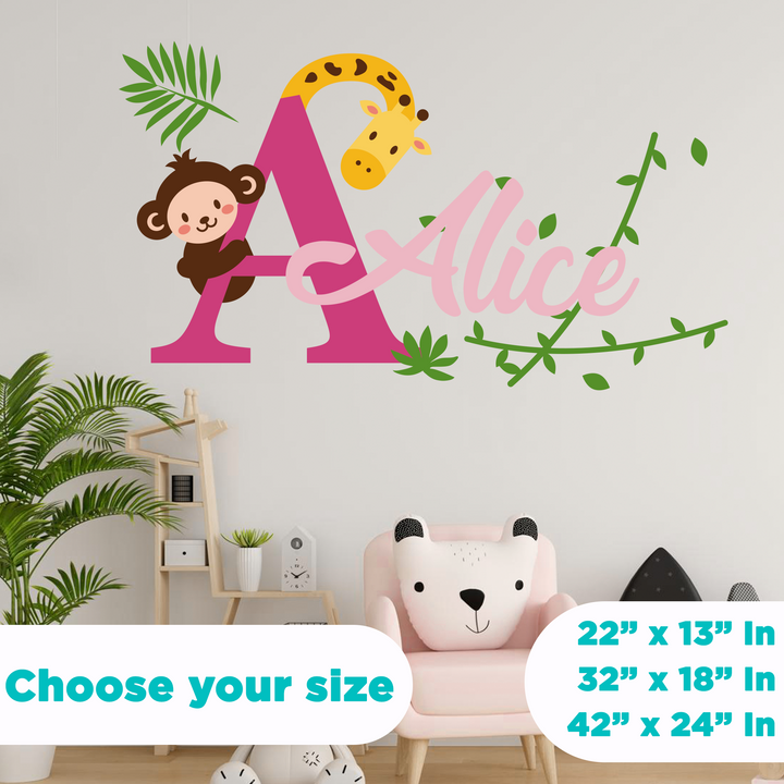 Custom Name & Initial Giraffe Monkey and Branches - Baby Boy - Nursery Wall Decal for Baby ROM Decorations - Mural Wall Decal Sticker for Home Children's Bedroom (R88)