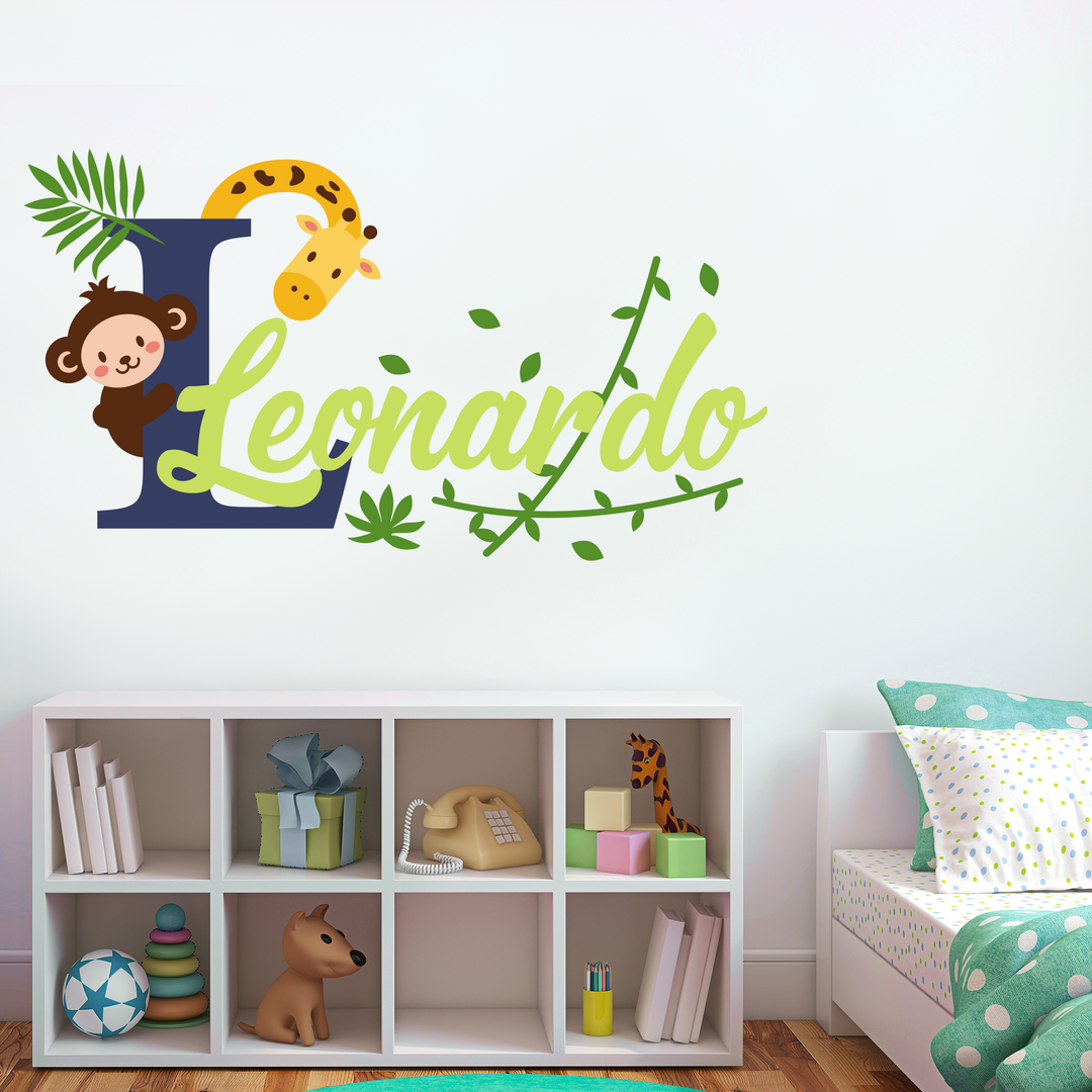 Custom Name & Initial Giraffe Monkey and Branches - Baby Boy - Nursery Wall Decal for Baby ROM Decorations - Mural Wall Decal Sticker for Home Children's Bedroom (R88)