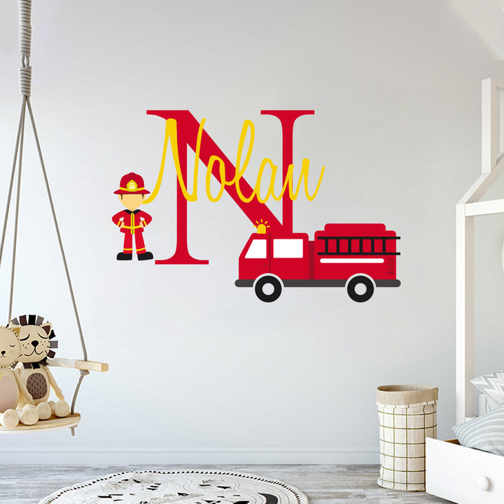 Personalized Name & Initial Firefighter And His Truck - egraphicstore