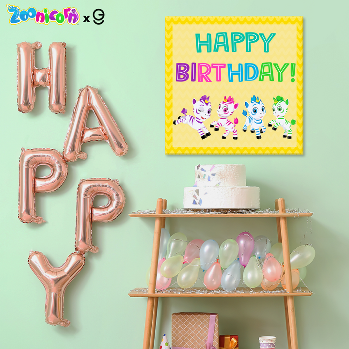 Zoonicorn Valeo, Ene, Aliel and Promi Happy Birthday Backdrop and Birthday Centerpiece Table Sign in PVC - EGD X Zoonicorn Series - PVC Birthday Supplies - Support with Double-Sided Tape (EGD - egraphicstore