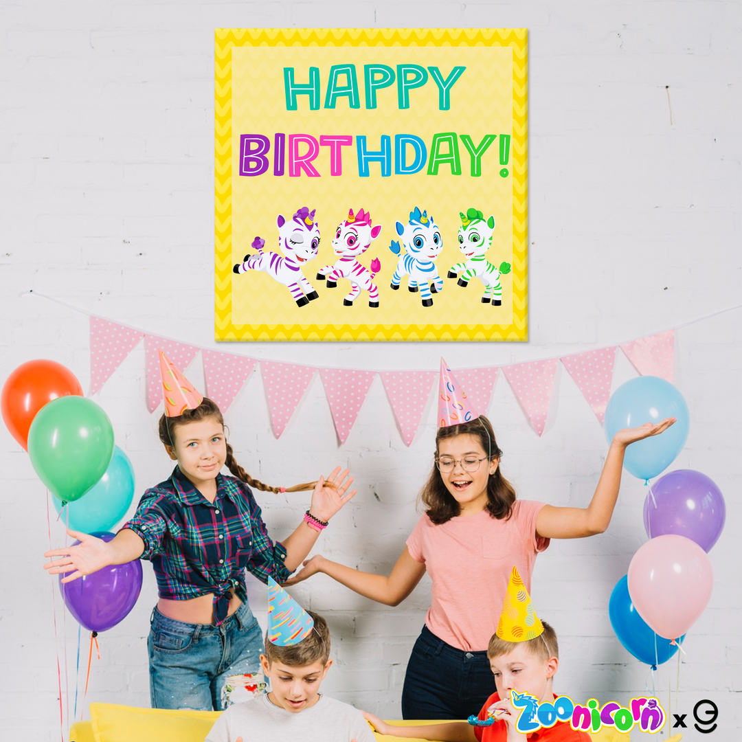 Zoonicorn Valeo, Ene, Aliel and Promi Happy Birthday Backdrop and Birthday Centerpiece Table Sign in PVC - EGD X Zoonicorn Series - PVC Birthday Supplies - Support with Double-Sided Tape (EGD - egraphicstore