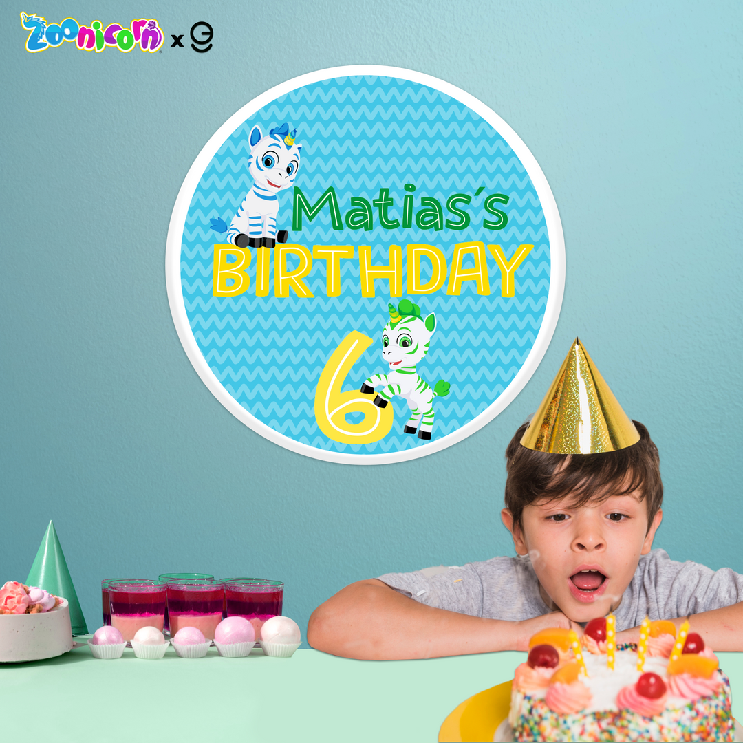 Personalized Zoonicorn Valeo and Ene Happy Birthday Backdrop and Birthday Centerpiece Table  Sign in PVC - EGD X Zoonicorn Series - PVC Birthday Supplies - Support with Double-Sided Tape (EGD - egraphicstore