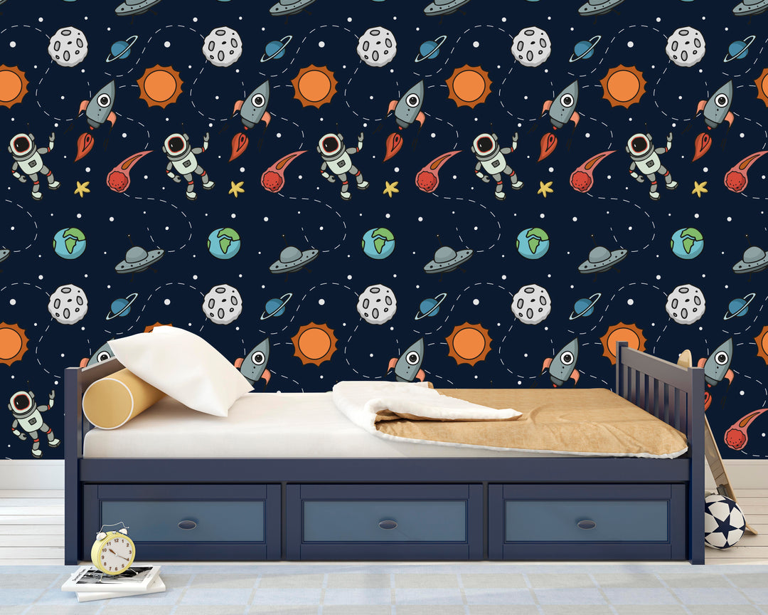 Astronauts in Space with Rocket Ship Wallpaper R21 - egraphicstore