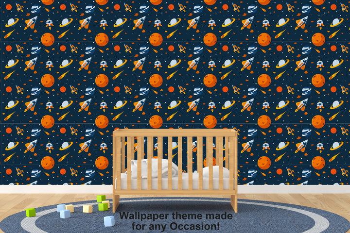 Rocket Planets and Star in Space Theme Wallpaper (R384) - egraphicstore