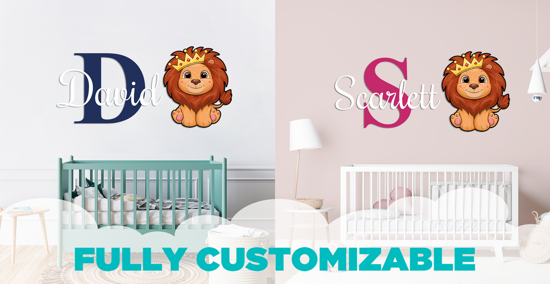 Cute Lion Custom Name and Initial Vinyl Wall Decal in Multiple Fonts and Sizes, Girl's Nursery Room, Girl's Name, Vinyl Wall Stickers for Kids, Boy's Name Wall Decal, Boy's Nursery Room, Wall - egraphicstore