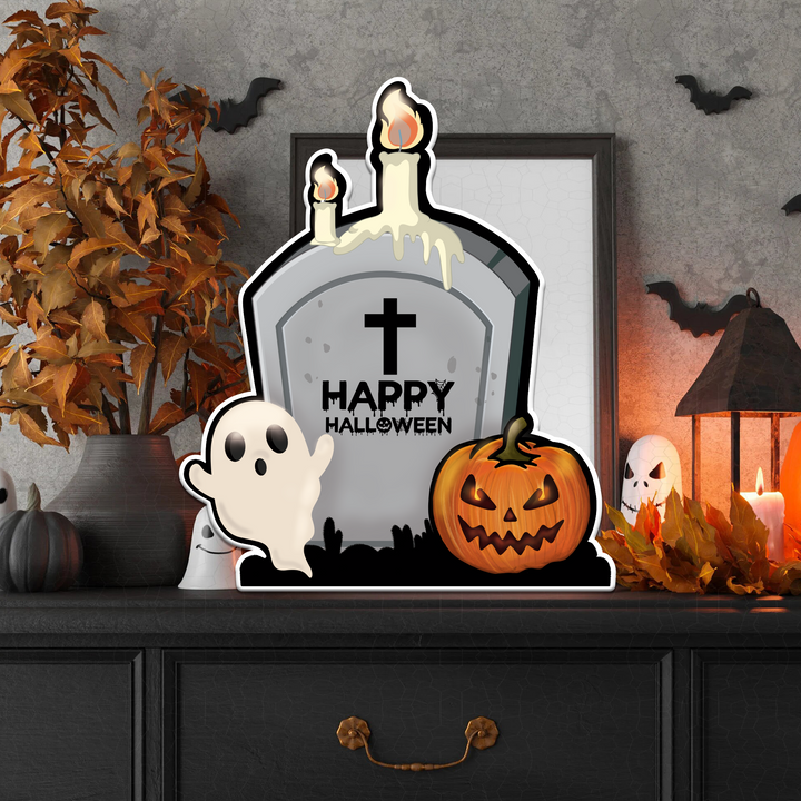 Halloween Grave, Ghost and Pumpkin PVC Sign - Hanging Sign for Home Decor Halloween Holidays - PVC Accessory for your Hallowen Celebration - Support with Double-Sided Tape - Multiple Size Opt - egraphicstore