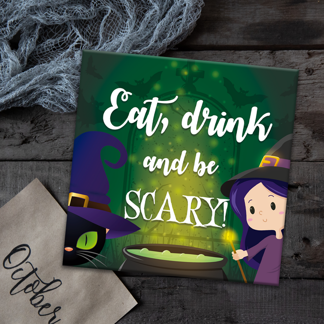 Halloween Eat, Drink and Be Scary PVC Sign - Hanging Sign for Home Decor Halloween Holidays - PVC Accessory for your Hallowen Celebration - Support with Double-Sided Tape - Multiple Size Opti - egraphicstore