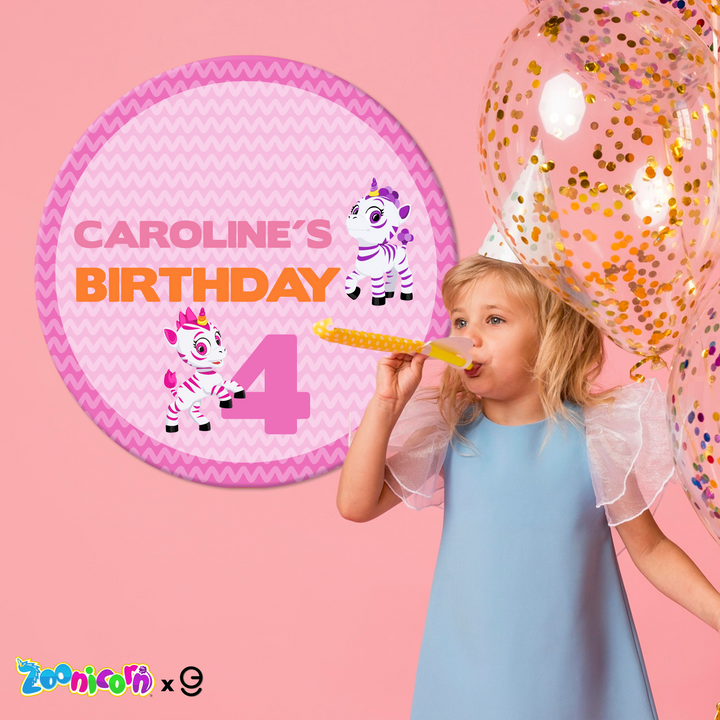 Personalized Aliel and Promi Zoonicorn Ene Happy Birthday Backdrop and Birthday Centerpiece Table  Sign in PVC - EGD X Zoonicorn Series - PVC Birthday Supplies - Support with Double-Sided Tap - egraphicstore