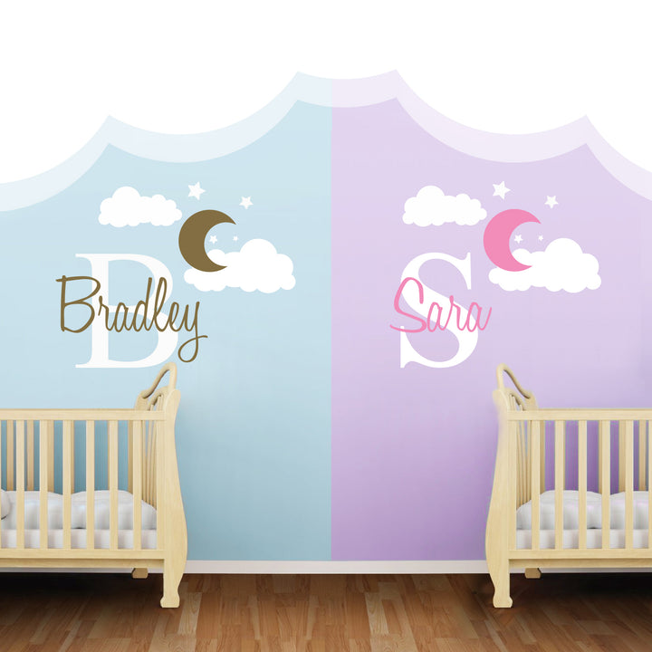 Custom Name & Initial Moon on Cloudy Night Wall Decal - egraphicstore