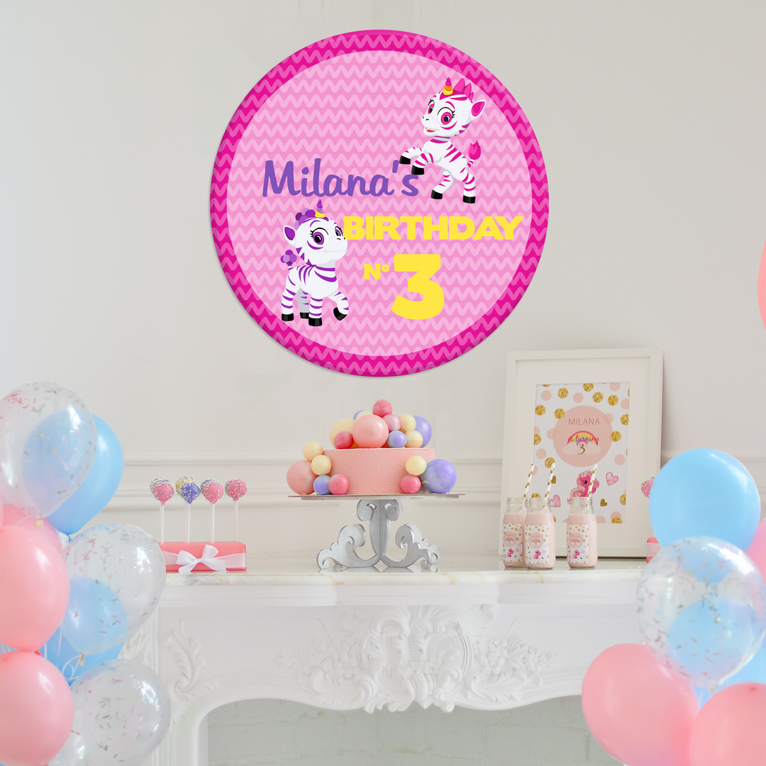 Personalized Aliel and Promi Zoonicorn Ene Happy Birthday Backdrop and Birthday Centerpiece Table Sign in PVC - EGD X Zoonicorn Series - PVC Birthday Supplies - Support with Double-Sided Tape - egraphicstore