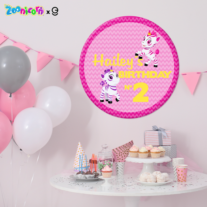 Personalized Aliel and Promi Zoonicorn Ene Happy Birthday Backdrop and Birthday Centerpiece Table Sign in PVC - EGD X Zoonicorn Series - PVC Birthday Supplies - Support with Double-Sided Tape - egraphicstore