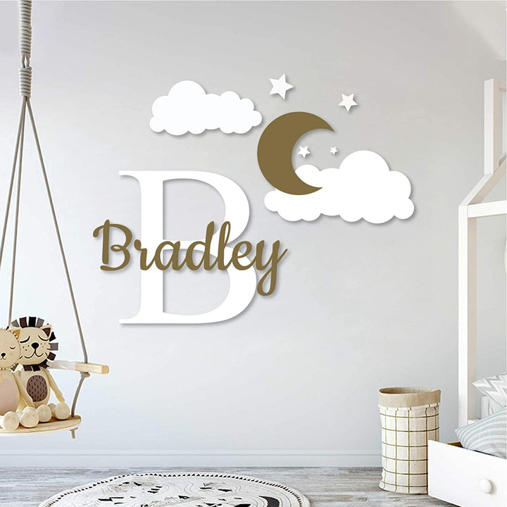 Multiple Font Custom Name & Initial Moon Clouds Stars - Baby Boy - Nursery Wall Decal for Baby Room Decorations - Mural Wall Decal Sticker (MM109V2) - egraphicstore