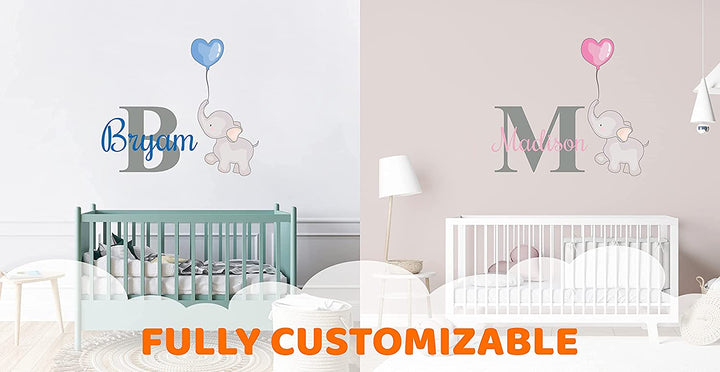 Elephant Wall Stickers - Name & Initial - Prime Series - Baby Girl or Boy - Custom Name & Initial - Nursery Wall Decal for Baby Room Decorations - Mural Wall Decal Sticker - egraphicstore