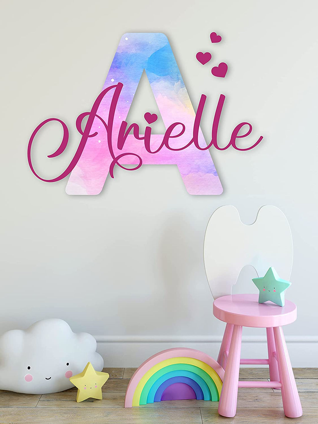 Shimmer Colors Printed Custom Name, Initial and Hearts - Wall Stickers - Baby Girl - Nursery Wall Decal for Baby Room Decorations - Mural Wall Decal Sticker for Home Children's Bedroom GM010 - egraphicstore
