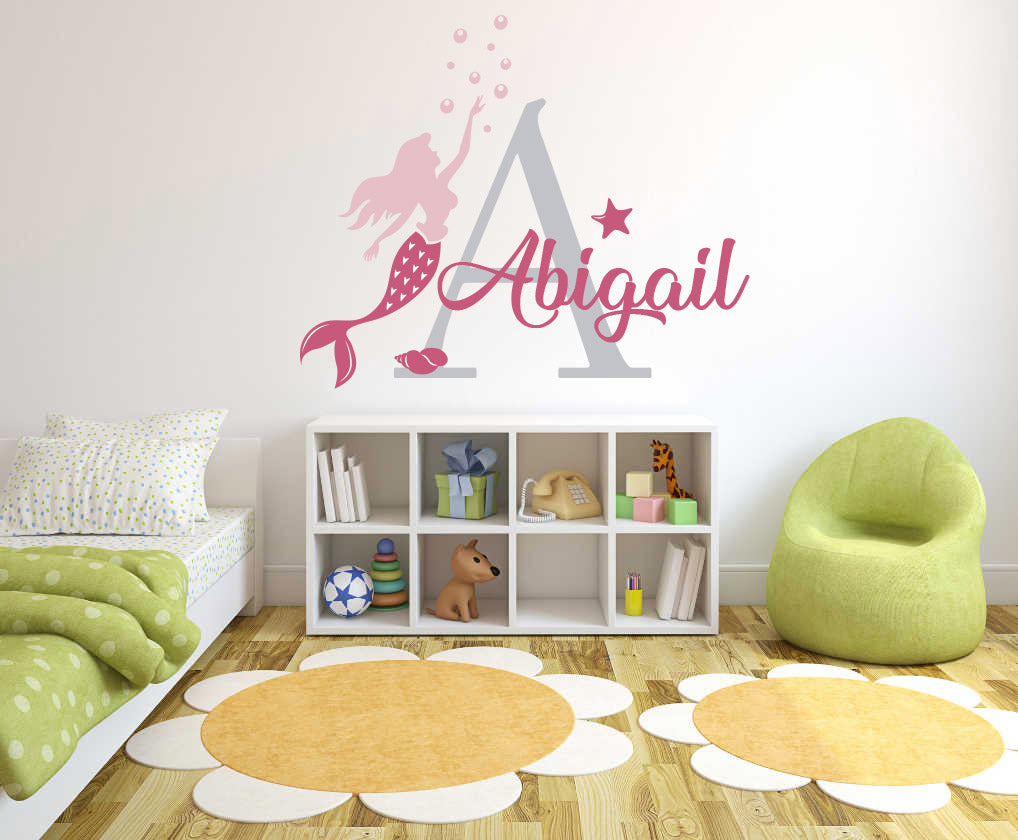 Custom Name & Initial Mermaid Bubbles Wall Decal - egraphicstore
