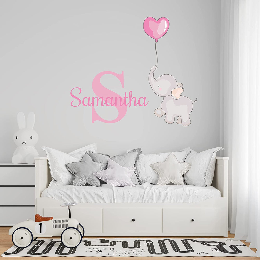 Elephant Wall Stickers - Name & Initial - Prime Series - Baby Girl or Boy - Custom Name & Initial - Nursery Wall Decal for Baby Room Decorations - Mural Wall Decal Sticker - egraphicstore