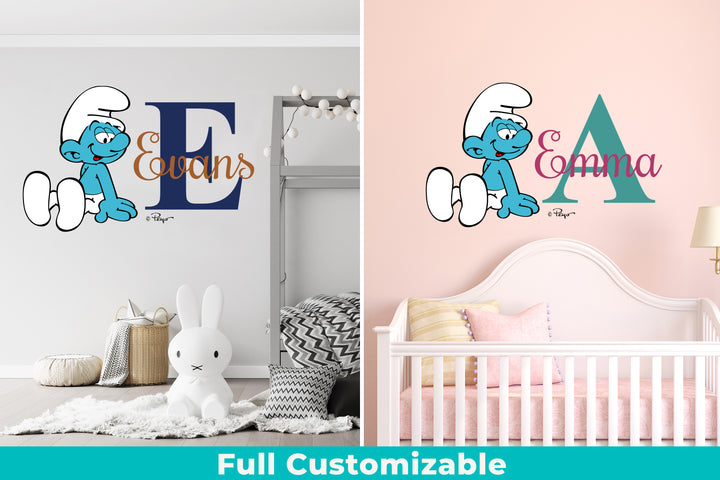 Custom Name & Initial The Smurfs Wall Decal - EGD X The Smurfs Series - Prime Collection - Baby Girl or Boy - Nursery Wall Decal for Baby Room Decorations - Mural Wall Decal Sticker (EGDTS007 - egraphicstore