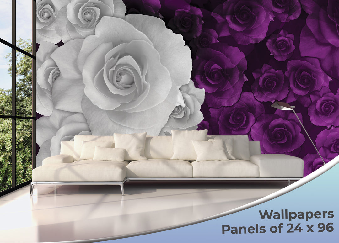 Peel and Stick Wallpaper, White and Purple Roses Theme Wallpaper Mural for Interior Design, Decor You Walls for Any Occasion - egraphicstore