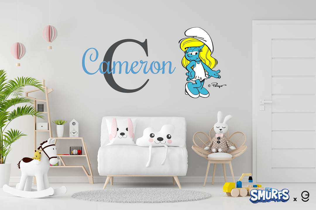 Custom Name & Initial The Smurfs Wall Decal - EGD X The Smurfs Series - Prime Collection - Baby Girl or Boy - Nursery Wall Decal for Baby Room Decorations - Mural Wall Decal Sticker (EGDTS006 - egraphicstore