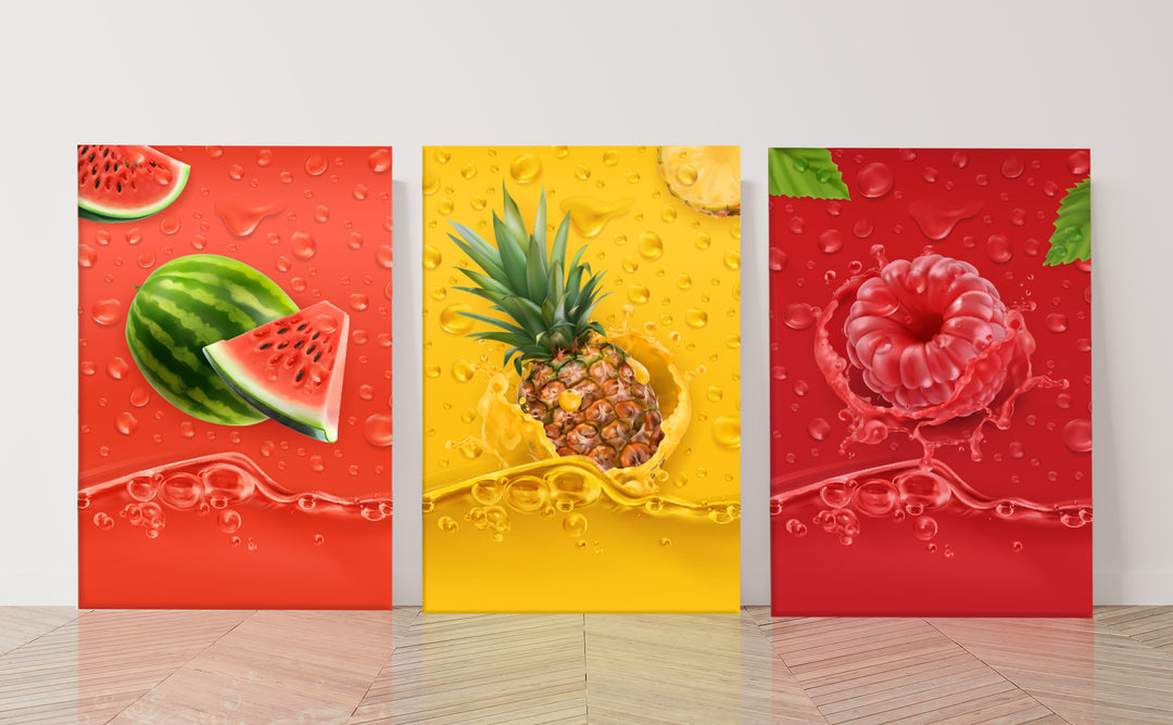 Acrylic Glass Frame Modern Wall Art, Set of 3: Watermelon, Pineapple, Raspberry - Fruits Series - Interior Design - Acrylic Wall Art - Picture Photo Printing Artwork - Multiple Size Options - egraphicstore